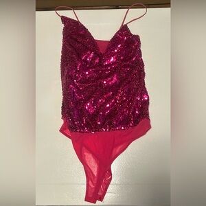 Sequin Hot Pink Scoop Neck Bodysuit